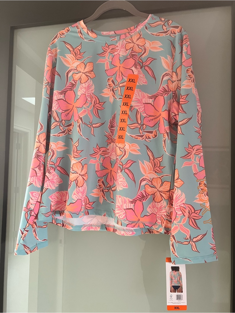 Roxy Mint Long-Sleeve Rash Guard with Coral Floral Print